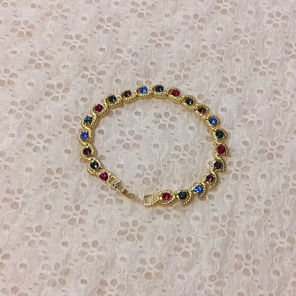 NEW EMMA JAMES Red Blue Green Crystals Gold Plated Bracelet - Picture 2 of 8